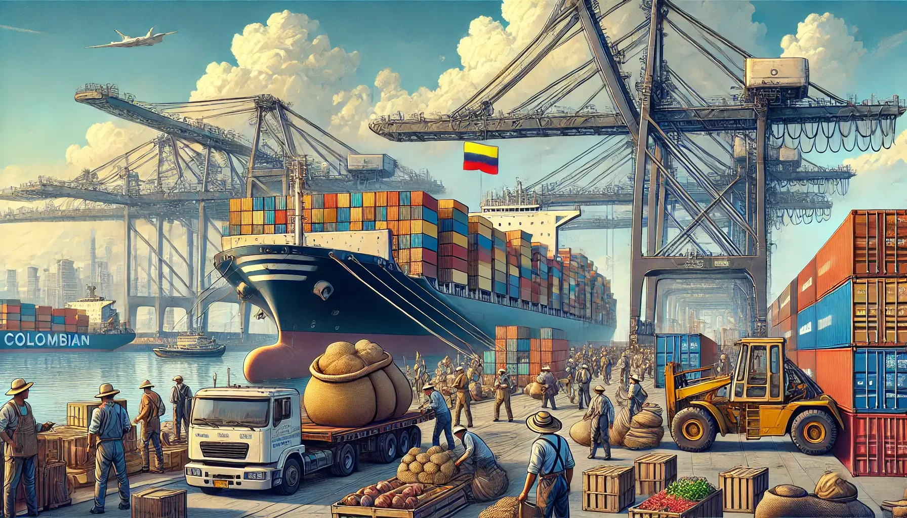 A port scene featuring a container ship unloading Colombian goods such as coffee and flowers, representing U.S.-Colombia trade amid tariff threats