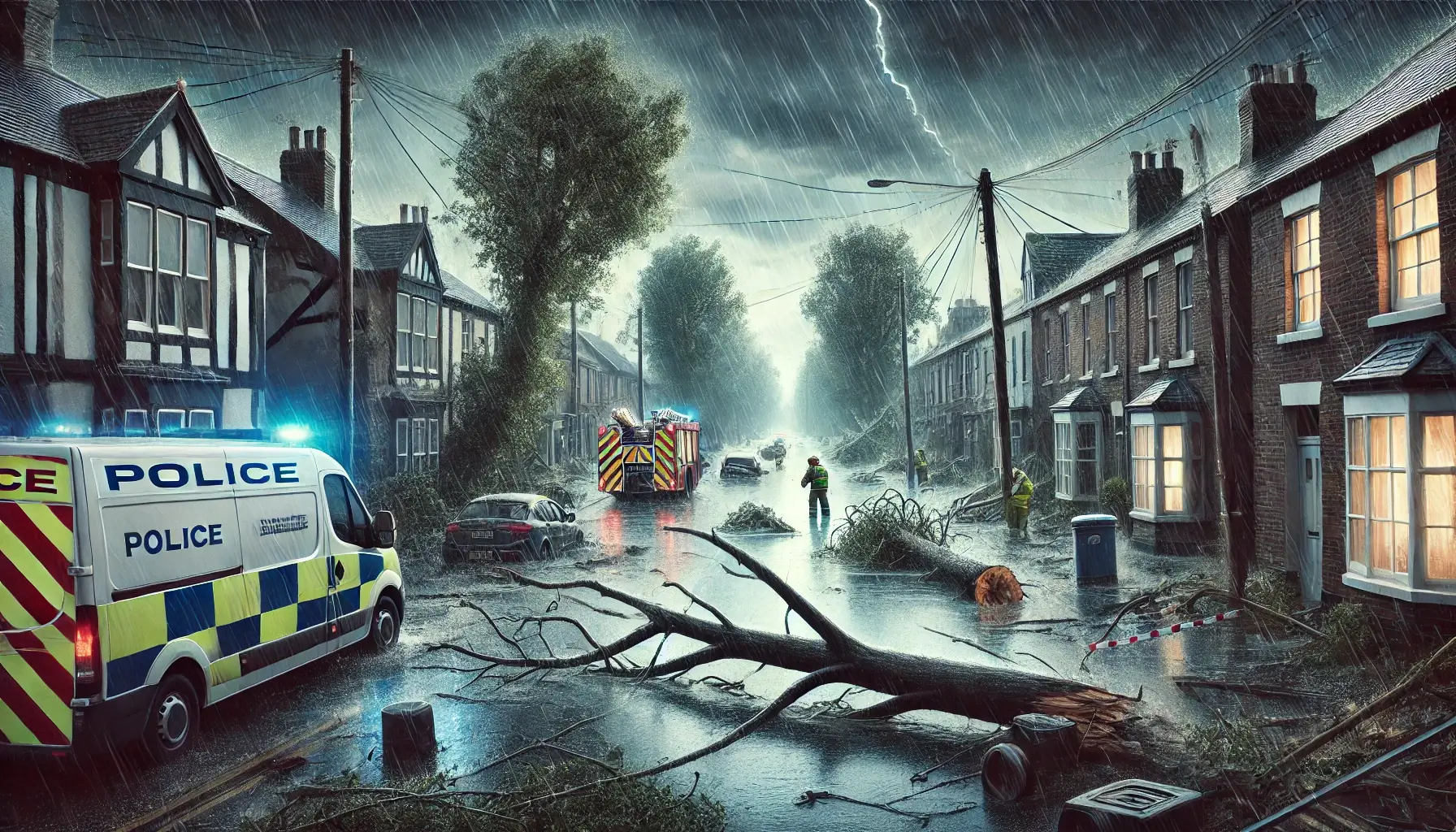 Emergency responders clearing debris and addressing storm damage in the aftermath of Storm Eowyn, featuring fallen trees, flooding, and downed power lines under a stormy sky